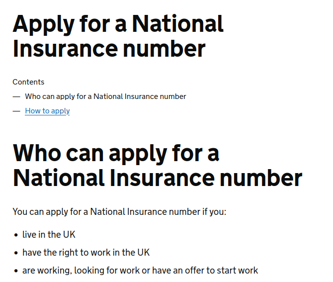 GOV.UK page: Apply for a National Insurance number
