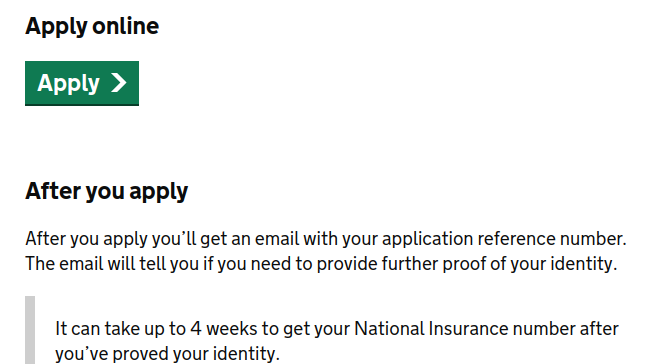 The Apply button on the GOV.UK National Insurance number page